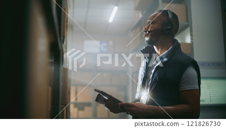 Warehouse Employee in Headset Working in Delivery Service of E-Commerce Store 121826730