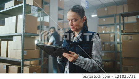 Female Inventory Manager in Warehouse Facility: Uses Tablet Computer, Looks at Camera 121826731