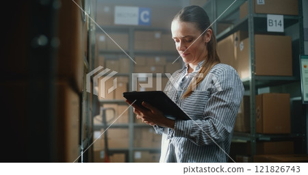 Female Inventory Manager Scans Parcel Using Tablet Computer in Warehouse Retail Facility 121826743