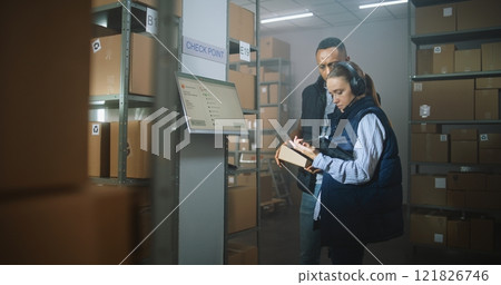 Female Logistics Manager Uses Tablet Computer, African American Employee Scans Parcel at Postal Terminal 121826746