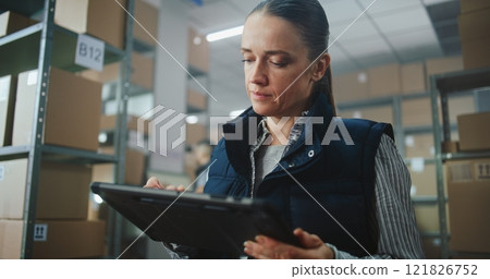 Female Logistics Specialist Uses Tablet Computer, Checks Inventory 121826752