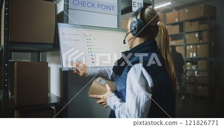 Female Warehouse Employee Checks Package Delivery Information at Postal Terminal 121826771