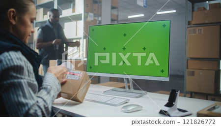 Female Warehouse Logistics Manager Scans Code on Cardboard Box, Works on PC in Logistics Center 121826772