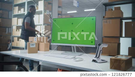 Logistics Facility: Computer Screen Shows Chroma Key Template Logistics Facility: Computer Screen Shows Chroma Key Template 121826777