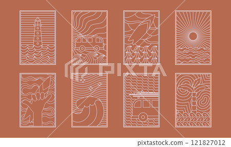 Retro style, bohemian linear surfing, ocean, sea badge, icon, design. Simple geometric surf camp, resort template, design frame. 121827012