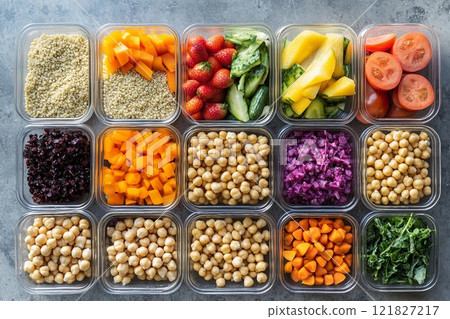 Colorful meal prep with grains, legumes, and fresh vegetables arranged in containers, showcasing options for various diets 121827217