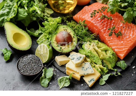 Colorful assortment of fresh greens, avocado, salmon, and cheese arranged on a dark stone surface to showcase healthy dietary options Colorful assortment of fresh greens, avocado, salmon, and cheese arranged on a dark stone surface to showcase healthy dietary options 121827227