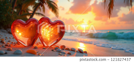 A serene beach scene at sunset with glowing hearts. 121827437