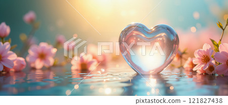 Heart-shaped ornament in water with flowers. 121827438