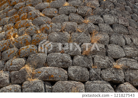 Detailed View of Ancient Nuraghe Stones. 121827543