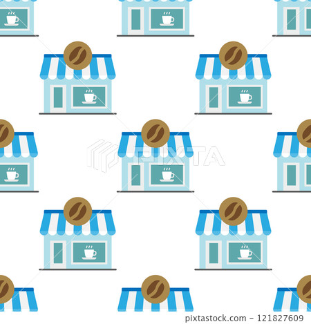 Seamless pattern of a cute coffee shop storefront with a blue and white awning. Seamless pattern of a cute coffee shop storefront with a blue and white awning. 121827609