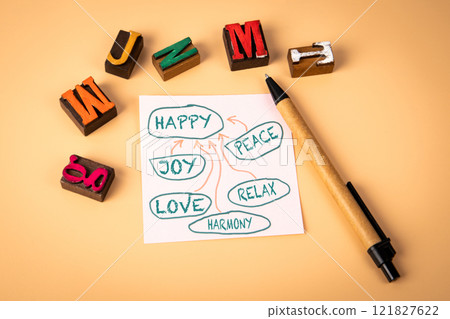 HAPPY Concept. Notepad and wooden alphabet letters on a light background HAPPY Concept. Notepad and wooden alphabet letters on a light background 121827622