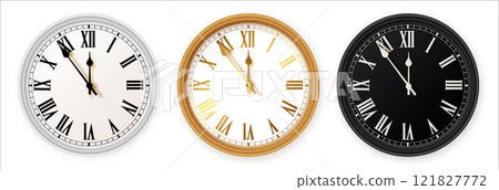White and black gold wall office clock icon set. Design template closeup in vector. Mockup for branding and advertising isolated on white background. White and black gold wall office clock icon set. Design template closeup in vector. Mockup for branding and advertising isolated on white background. 121827772