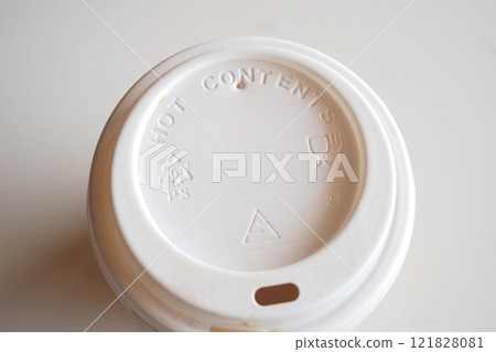 Coffee cup lid with caution hot and recycling symbols for sustainability and safety in urban 121828081