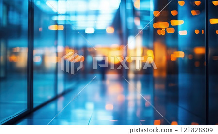 Ethereal Modern Interior Entrance Of Office Building With Blue Tones And Vibrant Orange Lighting Creates Abstract Blur Effect 121828309