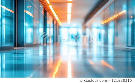 Blue And Orange Light Effects Enhance Abstract Blur Modern Interior Inside An Office Building Entrance. Effortlessly Stylish And Contemporary Design. 121828310
