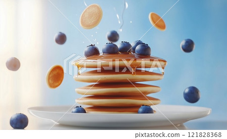 Fluffy Pancake Tower With Fresh Blueberries And Maple Syrup On A White Plate: Achieving A Floating Pancake Effect Fluffy Pancake Tower With Fresh Blueberries And Maple Syrup On A White Plate: Achieving A Floating Pancake Effect 121828368