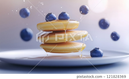Delicious American Pancakes Stack Topped With Blueberries And Maple Syrup, Creating A Stunning Visual Display On A White Plate. Flying Pancake Effect. Delicious American Pancakes Stack Topped With Blueberries And Maple Syrup, Creating A Stunning Visual Display On A White Plate. Flying Pancake Effect. 121828369