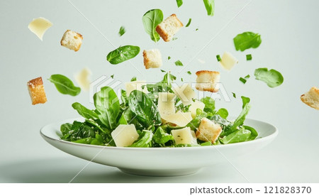 Delicious Ingredients Cascading Onto Plate For A Caesar Salad Presentation On A Clean White Background. Delicious Ingredients Cascading Onto Plate For A Caesar Salad Presentation On A Clean White Background. 121828370