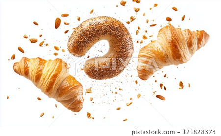 Delicious Turkish Simit Sesame Bagel, French Butter, And Almond Nut Croissants Soaring With Crumbs On A White Background 121828373