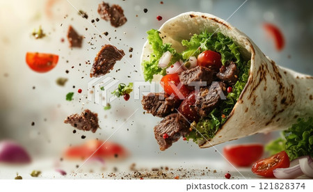 Beef Meat, Lettuce, Onion, Tomatoes, And Spices Suspended In The Air Over A White Background With Copy Space Available 121828374