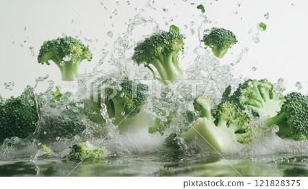 Green Broccoli Falling Onto A White Surface. The Vibrant Color Of The Broccoli Contrasts Beautifully With The Simplicity Of The White Background. A Fresh And Healthy Image. 121828375
