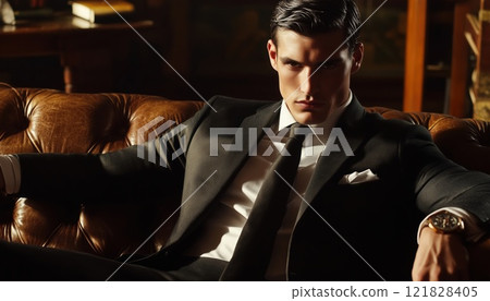 Elegant Man In Stylish Attire Relaxing On A Chesterfield Leather Sofa: Exploring Men'S Beauty And Fashion. 121828405