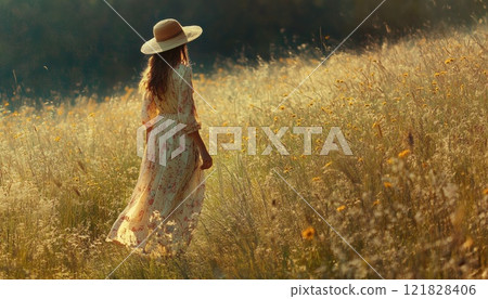 Chic Girl In Fashionable Outfit And Hat Strolling Barefoot In Grass In Sunlit Field In Village. Boho Beauty Enjoying Rural Living And Tranquility. Serene Scene With Open Text. Chic Girl In Fashionable Outfit And Hat Strolling Barefoot In Grass In Sunlit Field In Village. Boho Beauty Enjoying Rural Living And Tranquility. Serene Scene With Open Text. 121828406