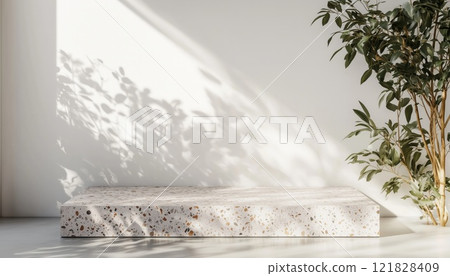 Terrazzo Square Podium 3d Render Mockup With Sun Shadow Against White Wall: Modern Design For Showcasing Objects In A Square Shape. 121828409