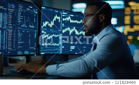 African American Financial Analyst Utilizing Multi-Monitor Workstation For Real-Time Stock, Commodities, And Exchange Market Analysis At Investment Bank During Late Hours. 121828460