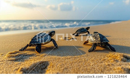 Young Sea Turtles Making Their Way To The Ocean On Pangumbahan Beach In West Java, Indonesia. Photo Shows Tiny Turtles' Journey. 121828464