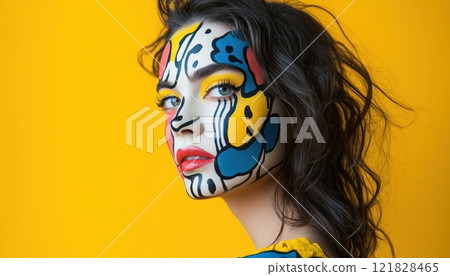 Model Sporting Creative Pop Art Makeup On Her Face To Resemble A Character From A Comic Book Or Graphic Novel. 121828465