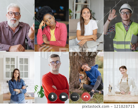 Video call online video conference, teamwork on group idea exchange, brainstorming, negotiation 121828715