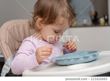 A toddler sitting in a highchair exploring their meal in a calm home environment. A toddler sitting in a highchair exploring their meal in a calm home environment. 121828885