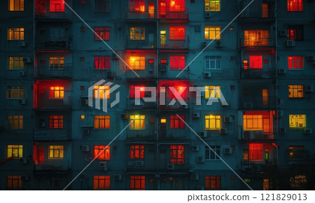 Apartment building with glowing colorful windows at night. Urban architecture showcasing vibrant lighting, residential design, and modern city life ambiance 121829013