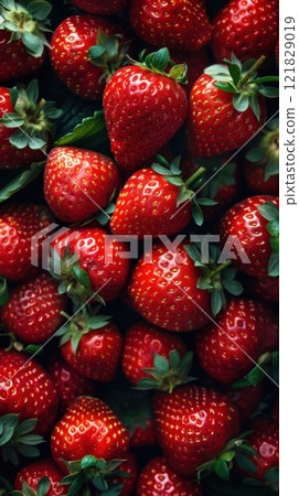 A closeup macro view of ripe, juicy strawberries, highlighting their detailed texture, seeds, and vibrant natural color for a fresh, organic feel 121829019