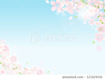 Frame illustration of blue sky and cherry blossom petals 121829192