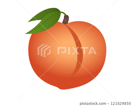 Fleshy, pinkish orange fruit of fuzzy peach icon with green leaves and stem Fleshy, pinkish orange fruit of fuzzy peach icon with green leaves and stem 121829850