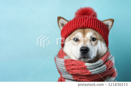 Shiba inu wearing red knitted hat and colorful scarf poses against light blue background during wintertime 121830215