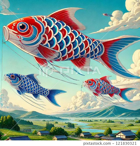 Colorful carp streamers flying in the blue sky - Traditional Japanese scenery 121830321