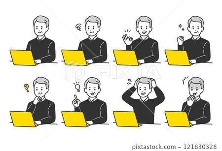 A set of senior men and elderly people with various expressions and poses while looking at a computer [People vector illustration material] 121830328