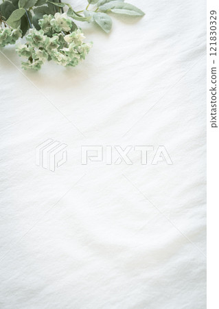 Natural background material of green plants on white cotton fabric 121830329
