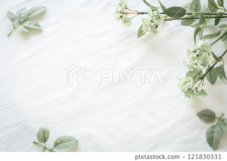 Natural background material of green plants on white cotton fabric Natural background material of green plants on white cotton fabric 121830331
