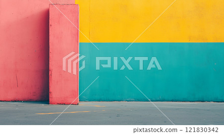 A realistic AI-generated image of a concrete wall with pop colors painted in pink, yellow, and bright green. 121830342