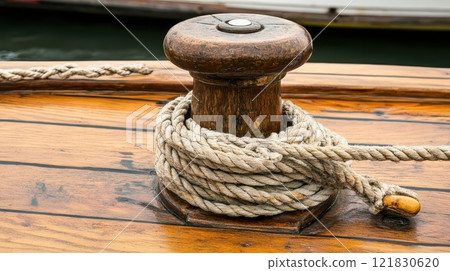 Wooden cleat with rope on a vintage boat dock 121830620