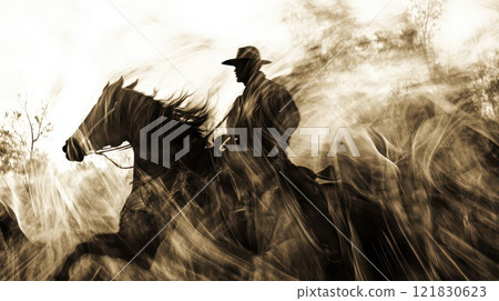 Rider on horseback in a dynamic misty landscape 121830623