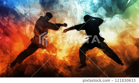 Martial artists sparring in vibrant setting Martial artists sparring in vibrant setting 121830633