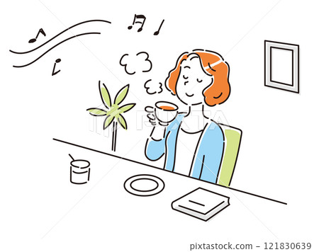 年輕女子在咖啡館放鬆聽音樂喝茶 121830639