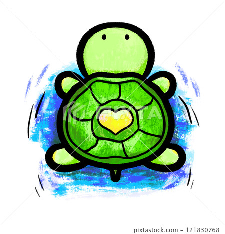 Cartoon turtle swimming illustration, cute turtle in water doodle textured color drawing 121830768