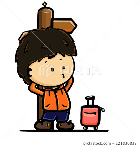 Cartoon boy standing and waiting illustration, travel and waiting drawing Cartoon boy standing and waiting illustration, travel and waiting drawing 121830832